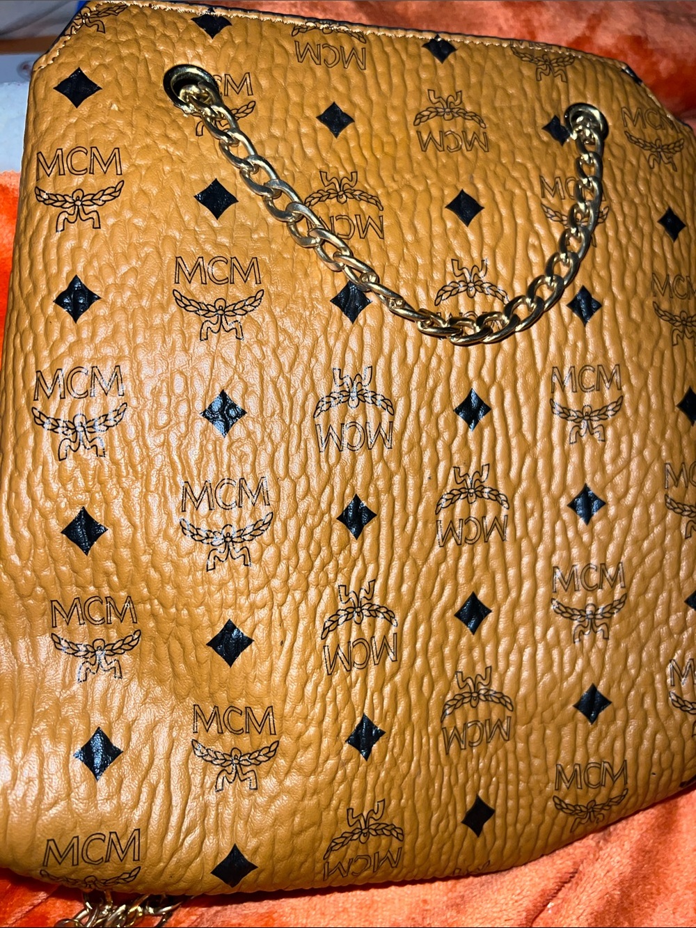 Cognac Visetos Monogram Shoulder Bag with Gold Chain and leather strap